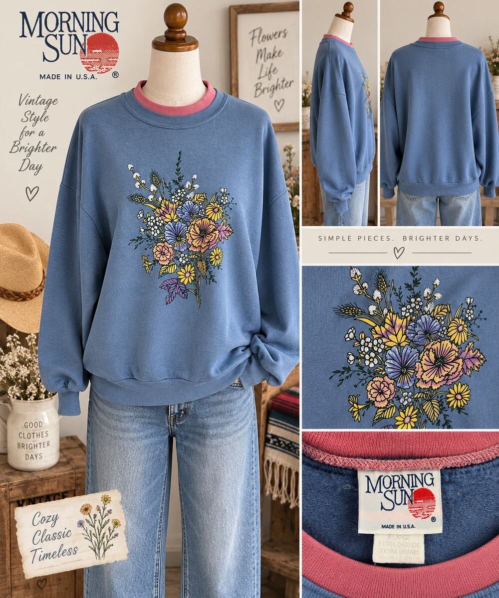 Vintage 90s Morning Sun Floral Double Collar Sweatshirt USA Made Blue